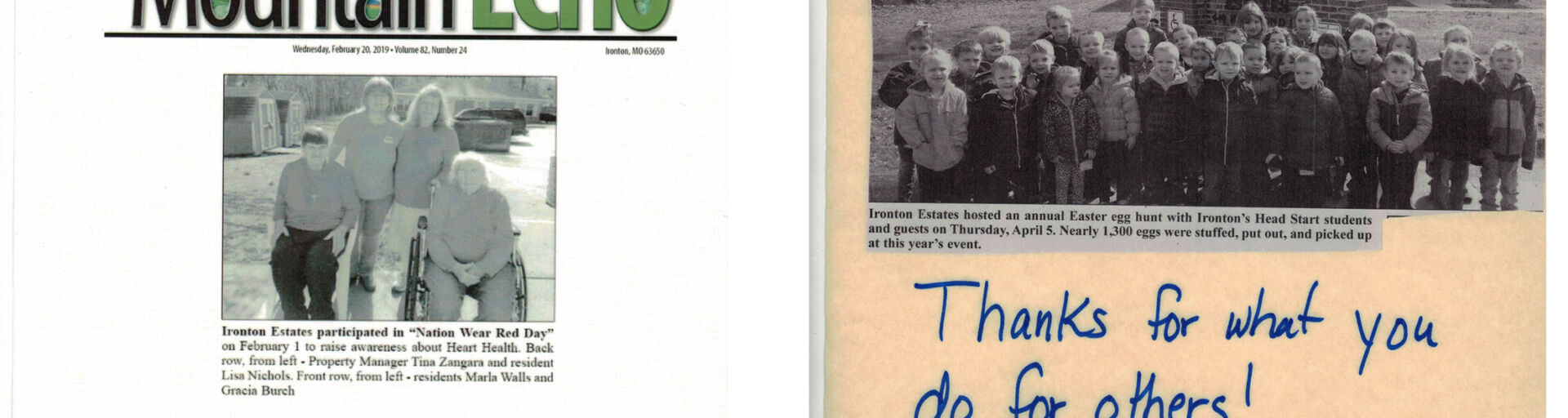 Ironton Estates, a Fairway Management senior community located in Ironton, Missouri, is grateful for its partnership with the local newspaper, The Mountain Echo.