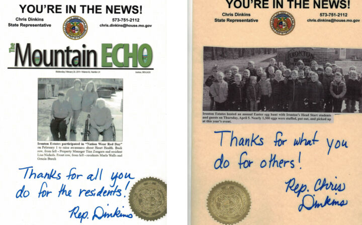 Ironton Estates, a Fairway Management senior community located in Ironton, Missouri, is grateful for its partnership with the local newspaper, The Mountain Echo.