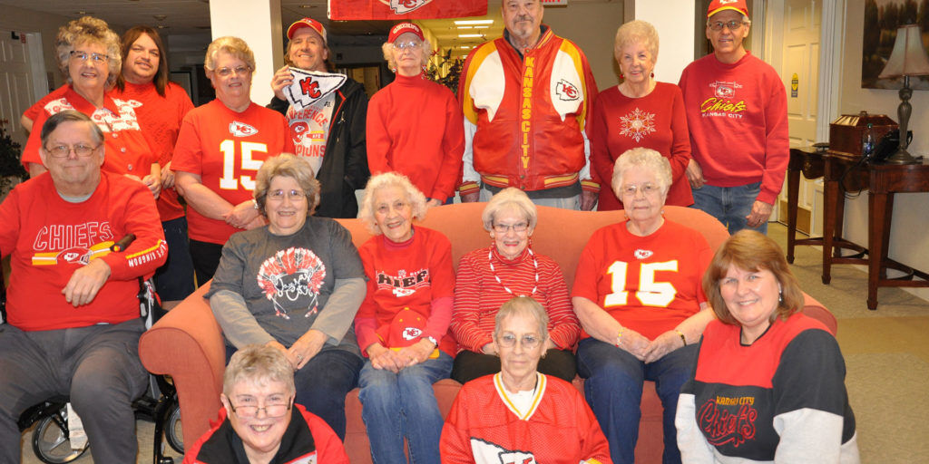 Regency Manor residents gather at their Super Bowl party.