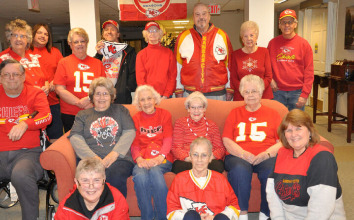 Regency Manor residents gather at their Super Bowl party.
