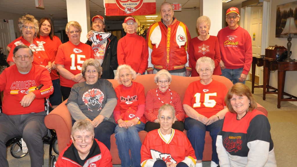 Regency Manor residents gather at their Super Bowl party.