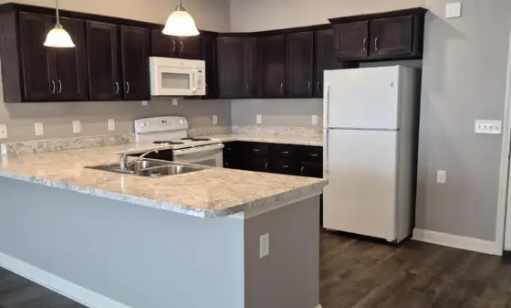 Modern kitchen with dark wood cabinets, white appliances, and a granite island topped with a double sink.