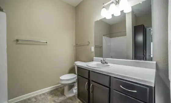 Bathroom interior with a dark wood vanity, white countertop sink, large wall mirror, and bright three-light fixture above; toilet to the left and towel bars on the wall behind.