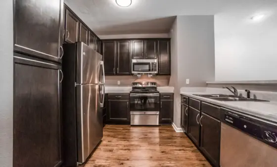 Narrow galley kitchen with dark wood cabinets, stainless steel fridge, range with microwave above, and a dishwasher along the right counter.