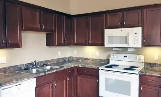 L-shaped kitchen with dark wood cabinets, granite countertops, stainless sink, dishwasher, microwave, and white electric stove.