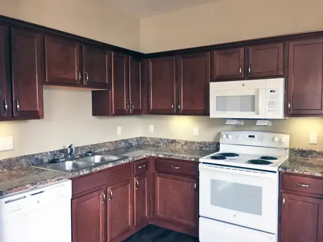 L-shaped kitchen with dark wood cabinets, granite countertops, stainless sink, dishwasher, microwave, and white electric stove.