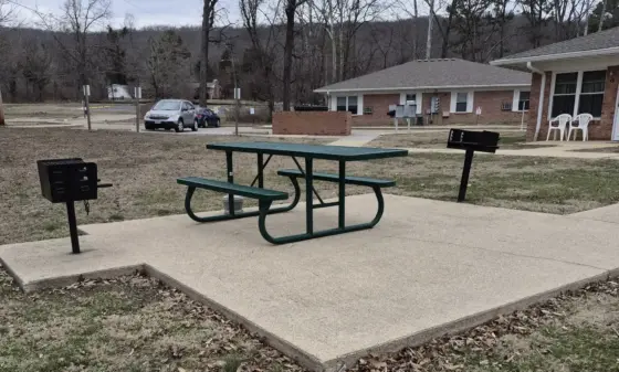Green metal picnic table and two charcoal grills sit on a concrete pad in an outdoor park with leaf litter and bare trees in the background