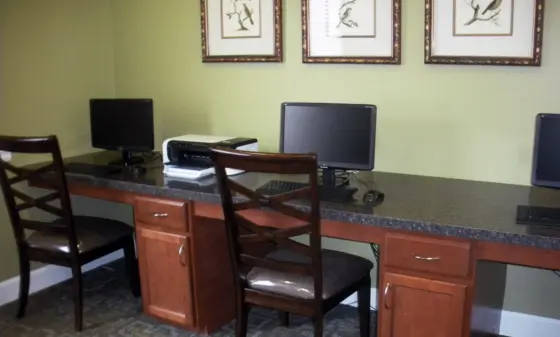 Row of computer workstations along a granite counter with wooden chairs; green wall features three framed bird illustrations above.