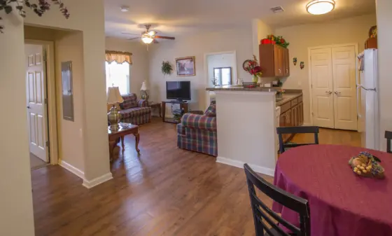 Open-concept living area with plaid sofa, TV on a stand, ceiling fan, and a purple-draped dining table in the foreground.
