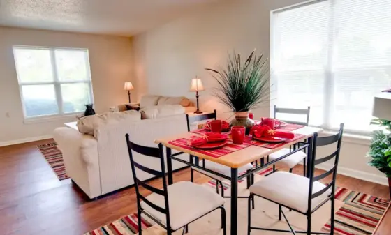 Open-concept living and dining area with a wooden table set for four in red dishes and a tall plant centerpiece in the background.
